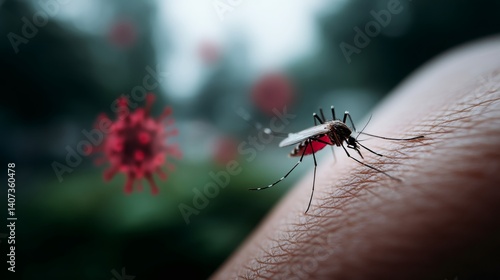 Mosquito biting human skin with virus in background spreading disease