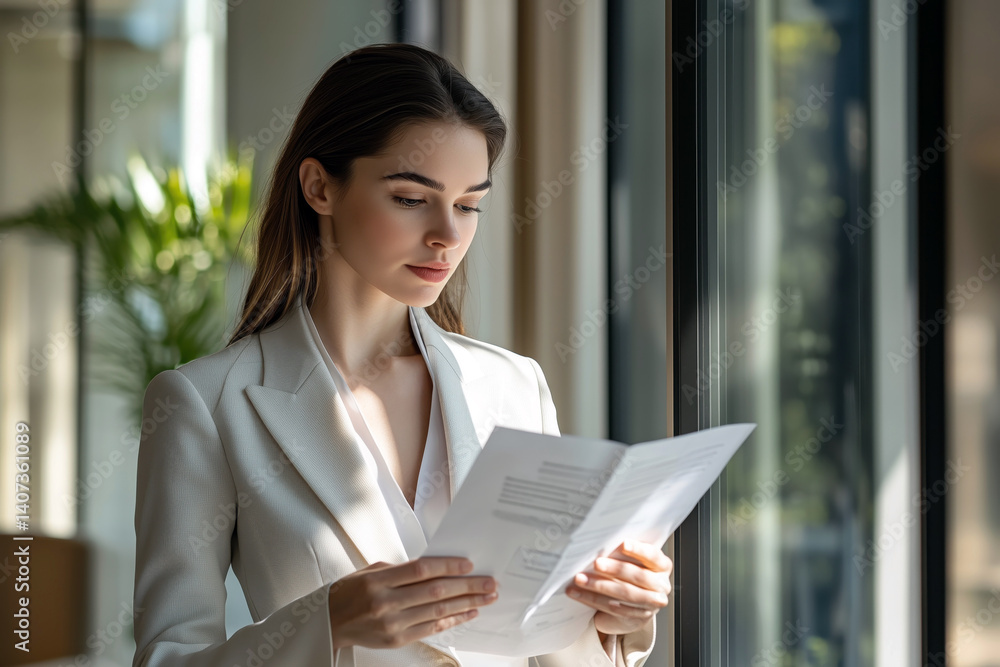 A businesswoman in a white suit carefully reading a corporate report A businesswoman in a white suit carefully reading a corporate report