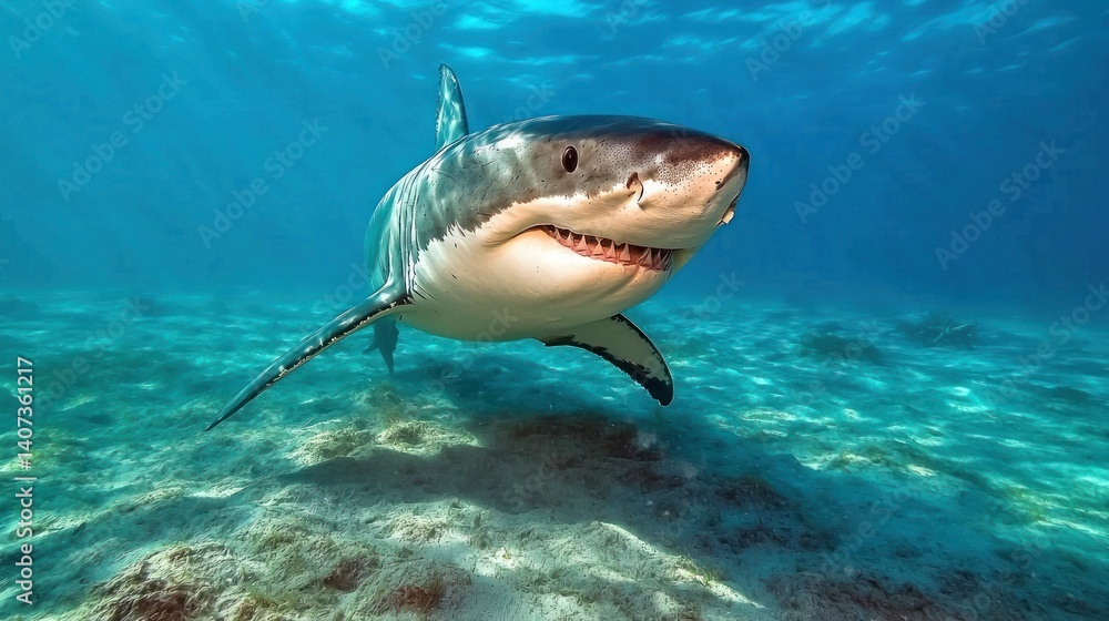 Fototapeta premium Great white shark, underwater, ocean, sunlight, coral reef, hunting