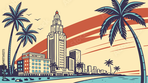 Retro vector of the Miami skyline with palm trees – Florida
