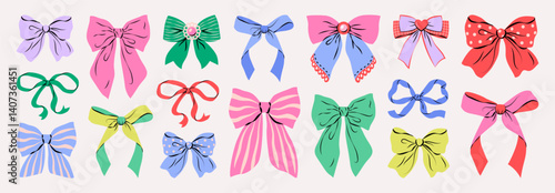 Colorful ribbon bows collection. Big set of trendy hair braiding accessory. Perfect for festive packaging and birthday designs, greeting cards. Hand drawn vector illustration.