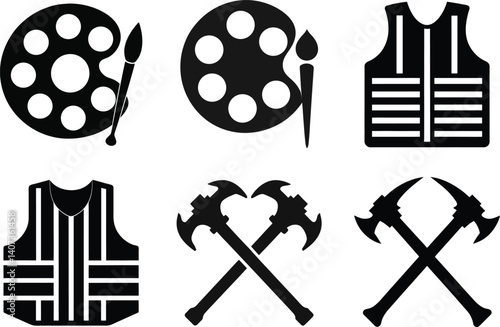 Artistic Occupations Black And White Icon Set Featuring Painting Safety And Firefighting Equipment For Diverse Creative Or Professional Projects
