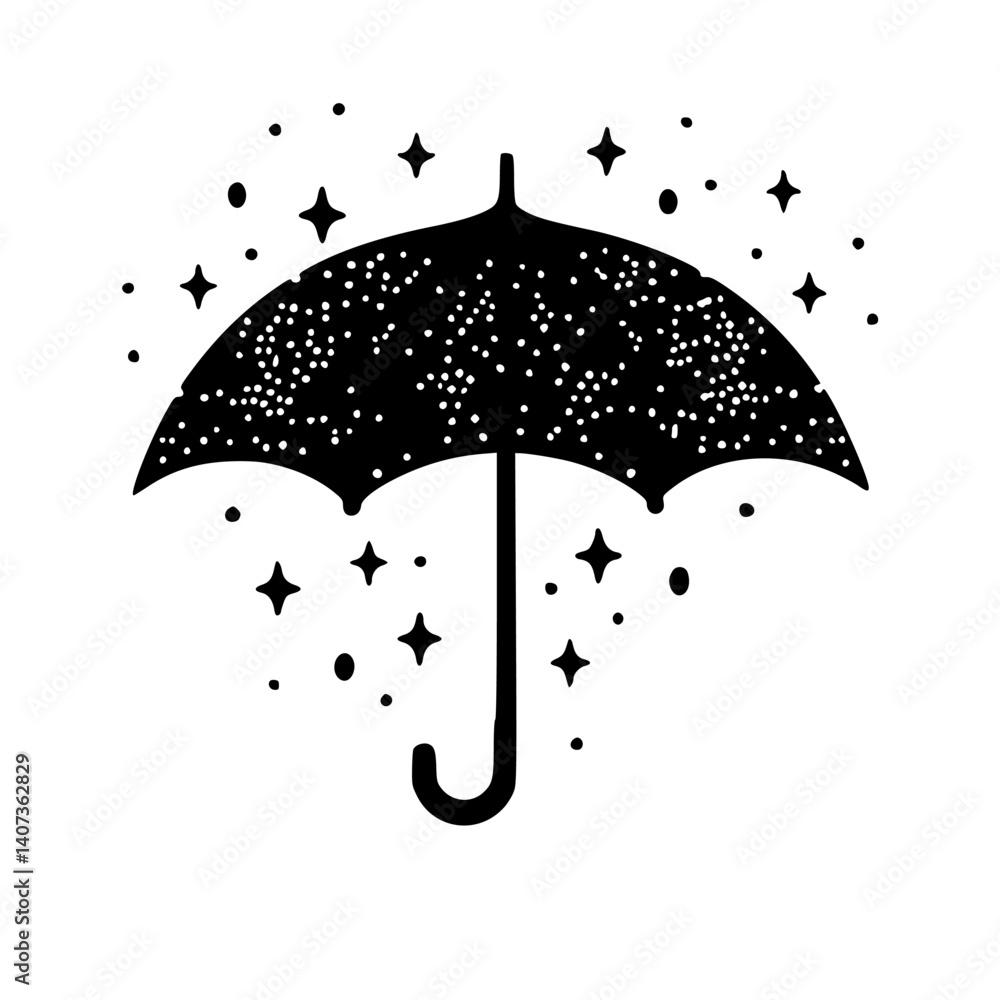 Celestial Umbrella: Black & White Illustration with Stars & Dots