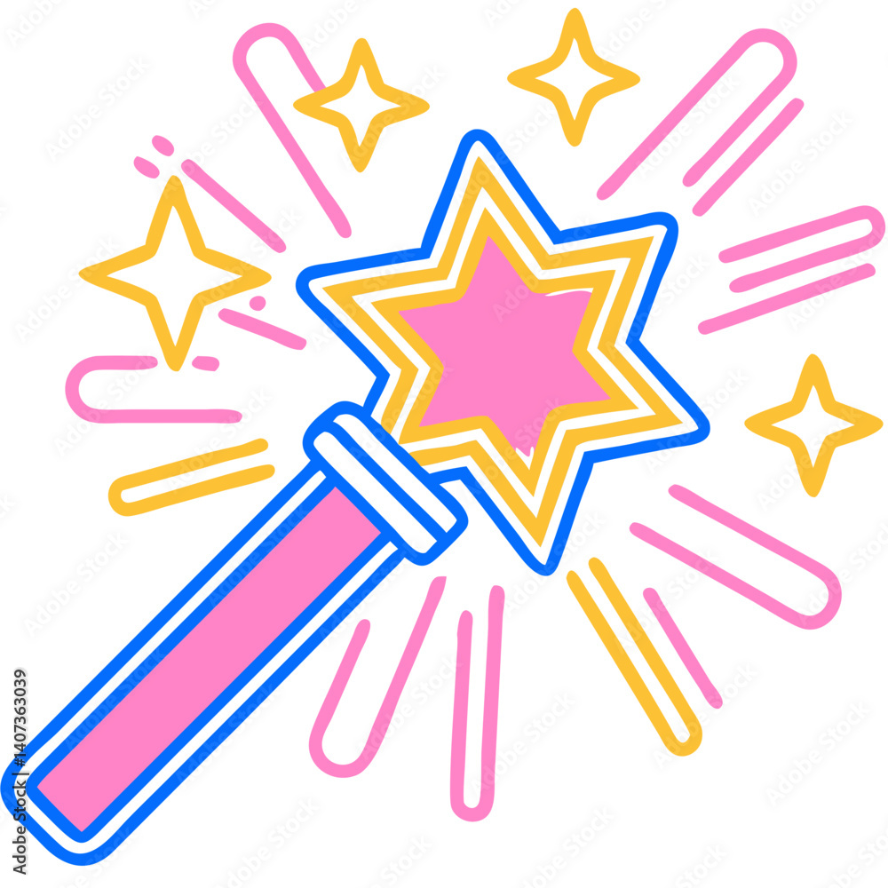 Fototapeta premium Magic wand sparkling with stars and bright rays in a playful style 