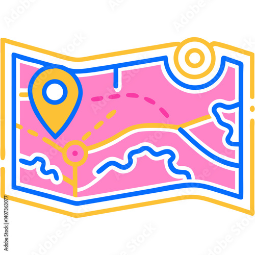 Colorful map illustration with location marker and pathways  