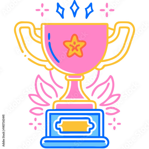 Colorful trophy illustration with stars and flowers. Transparent child icon for a mobile game or app  