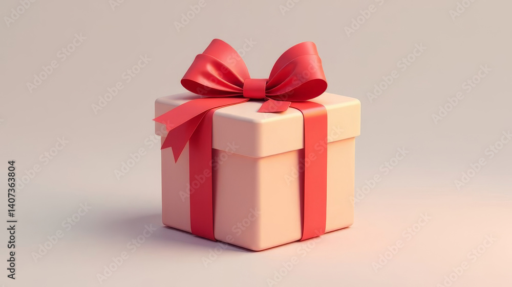 Pink gift box with red ribbon and bow on soft neutral background. Pink gift box with red ribbon and bow on soft neutral background.
