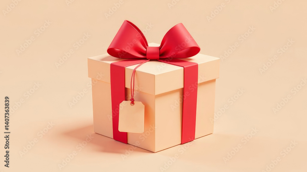Fototapeta premium Pink gift box with red ribbon and bow on soft neutral background.