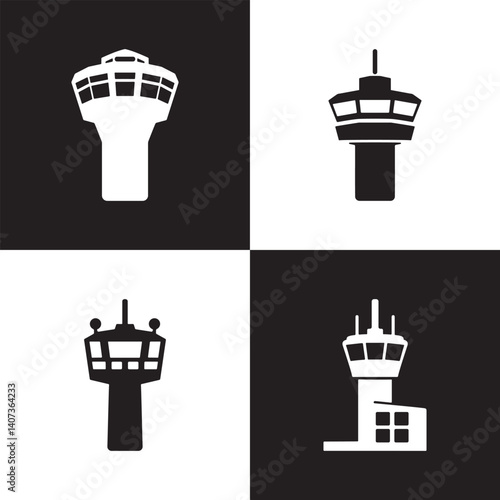 Professional Airport Tower Icons Silhouette Vector Illustration