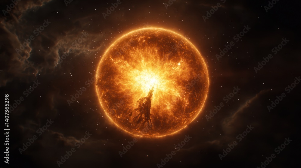 Fiery celestial sphere exploding in dark space Fiery celestial sphere exploding in dark space