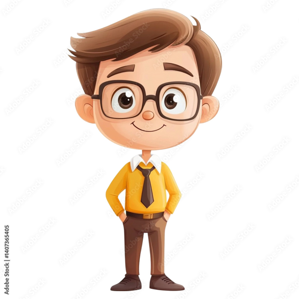Cute boy wearing glasses yellow shirt and brown pants standing confidently Cute boy wearing glasses yellow shirt and brown pants standing confidently