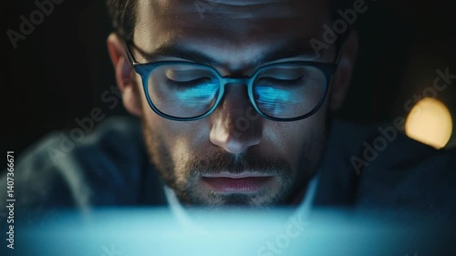 Intense focus: A man deeply engrossed in his digital work, reflected in his glasses