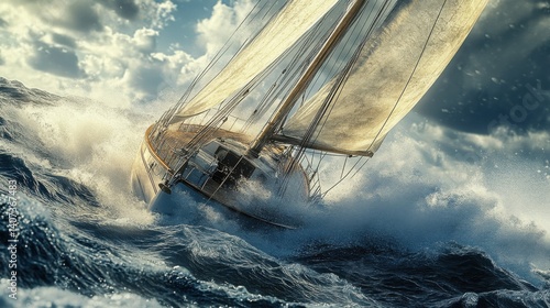 A dynamic 3D scene of a sailboat caught in a sudden gust of wind, leaning to one side with sails full, cutting through rough seas 