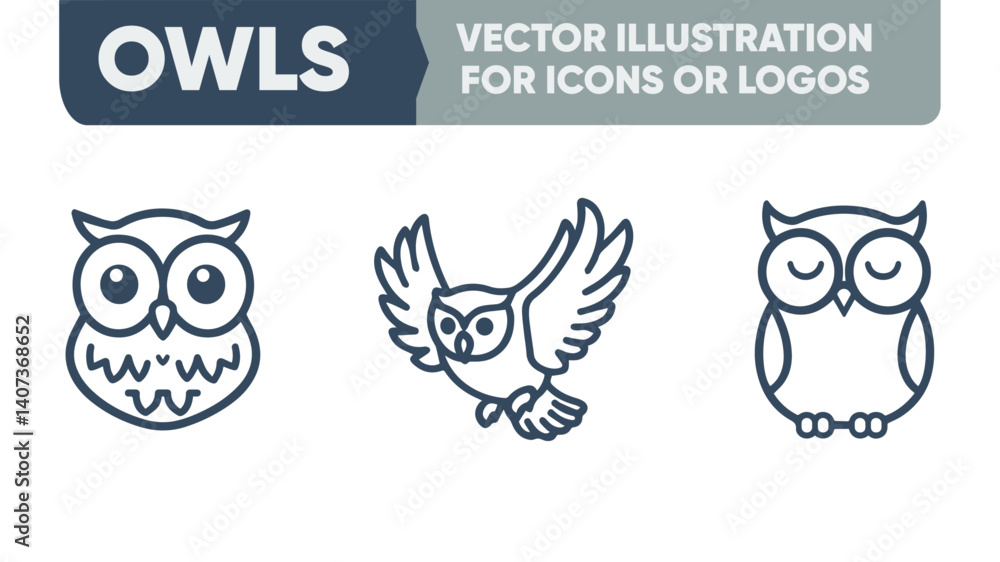 Obraz premium Geometric Owl Line Icons – Modern Animal Vector Set for Branding & Decor