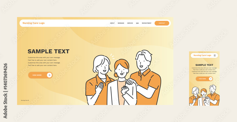 Elderly Care Website Hero Section Design Set with Illustrations – Medical, Nursing & Welfare Themes in Orange Color Scheme, Fully Customizable Templates, Responsive for PC and Mobile Elderly Care Website Hero Section Design Set with Illustrations – Medical, Nursing & Welfare Themes in Orange Color Scheme, Fully Customizable Templates, Responsive for PC and Mobile