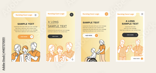 Elderly Care Website Hero Section Design Set with Illustrations – Medical, Nursing & Welfare Themes in Orange Color Scheme, Fully Customizable Templates, Responsive for PC and Mobile