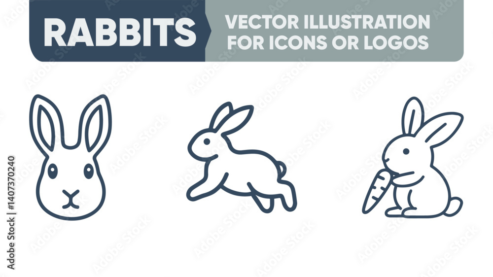 Fototapeta premium Rabbit Linear Icons – Minimalist Animal Vector Pack for Web, Print & Icon Design