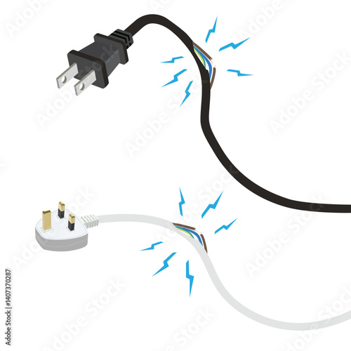 Dangerous broken power electrical cable with plug