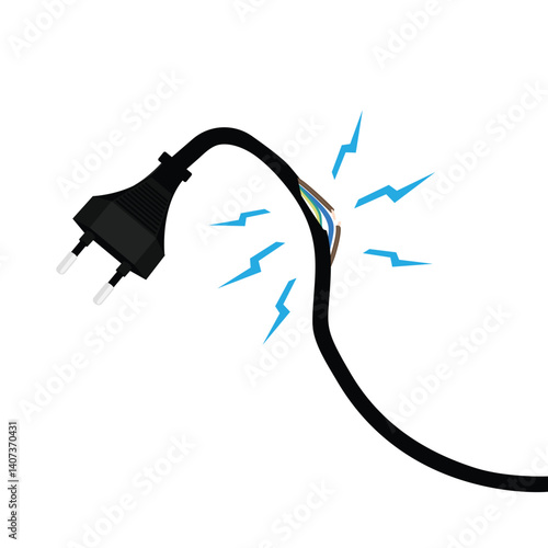 Dangerous broken power electrical cable with plug