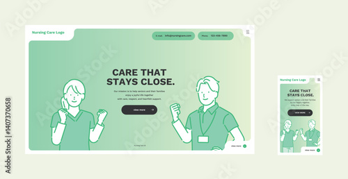 Elderly Care Website Hero Section Design Set with Illustrations – Responsive PC and Mobile Layouts, Medical, Nursing & Welfare Themes in Green Color Scheme