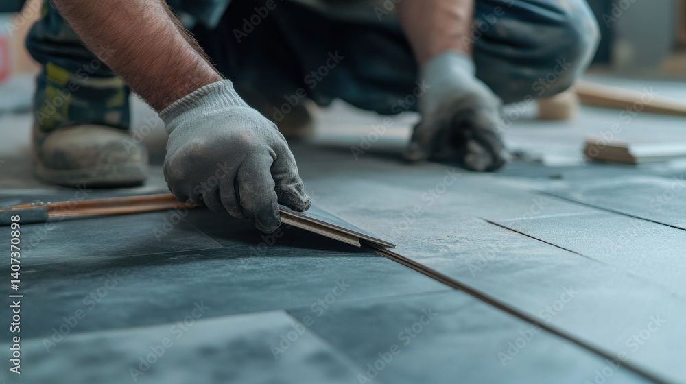 Flooring installer laying tiles in a new home. Featuring skill and craftsmanship Flooring installer laying tiles in a new home. Featuring skill and craftsmanship