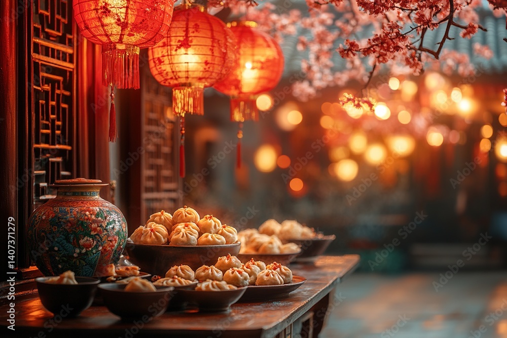 Fototapeta premium Traditional Chinese New Year festive table setting with bright red lanterns, golden decorations and delicious dumplings beautifully arranged on a wooden table, creating a warm and joyful atmosphere,