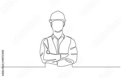 Engineering outline character line art illustration hand drawn engineer holding blueprint document, Continuous line drawing of project workers and construction activities.