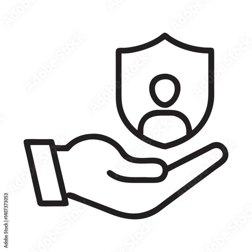 Hand Holding Shield with Person Icon Outline, Hand holding a shield with checkmark. Insurance and protection concept editable stroke outline icon isolated on white background