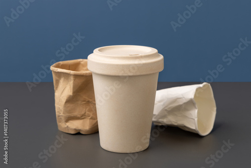 Used disposable paper cups and reusable bamboo coffee cup closeup, copy space, mockup