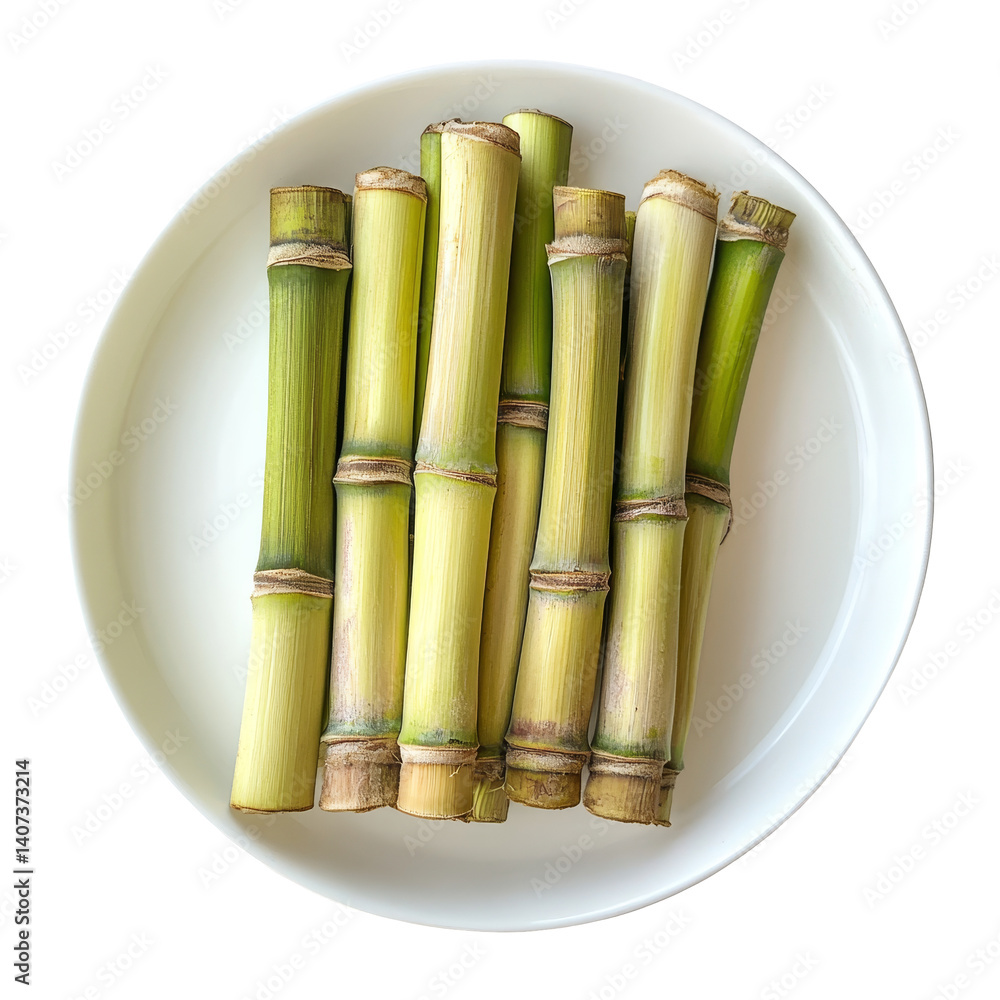 Fototapeta premium Fresh sugarcane stalks arranged neatly on a transparent plate against a clean transparent background, sugarcane in transparent plate on transparent background