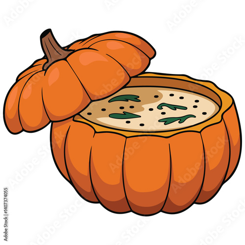pumpkin millet soup served in gourd isolated vector illustration on white background