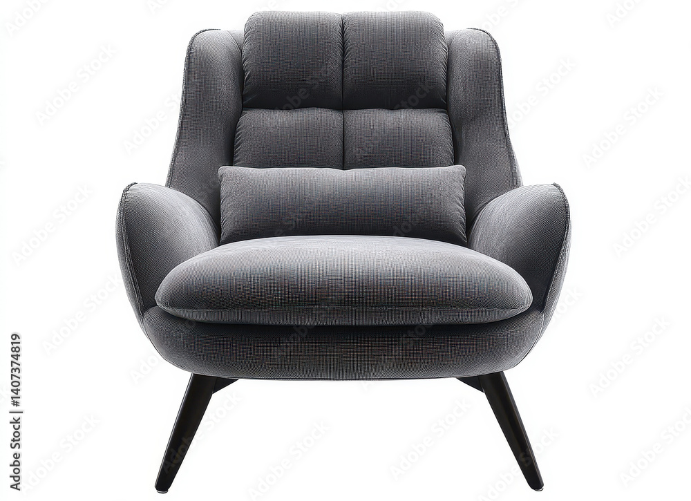 Grey Modern Lounge Chair Isolated on White Background Featuring Comfortable Upholstered Cushion Design Grey Modern Lounge Chair Isolated on White Background Featuring Comfortable Upholstered Cushion Design