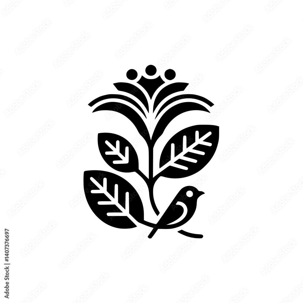 Naklejka premium Minimalist Black Bird and Flora Logo, Geometric Nature Illustration