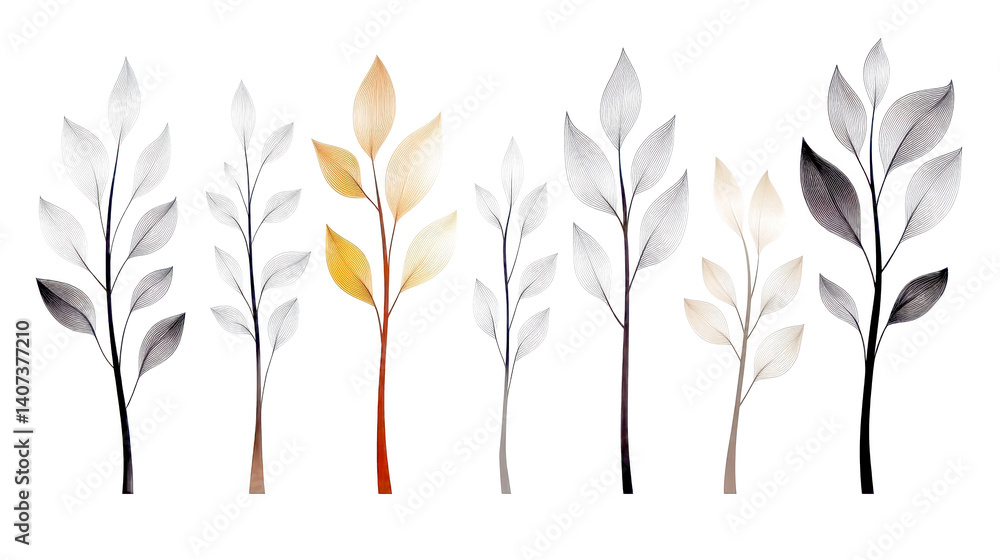 Minimalist line art depicting a collection of seven trees with colorful leaves Minimalist line art depicting a collection of seven trees with colorful leaves