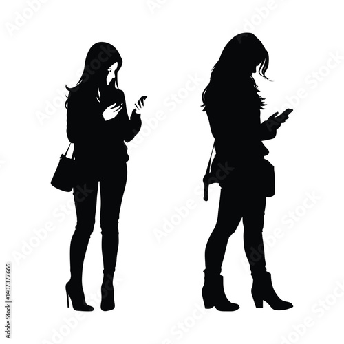 Woman stand with cell phone vector black silhouette