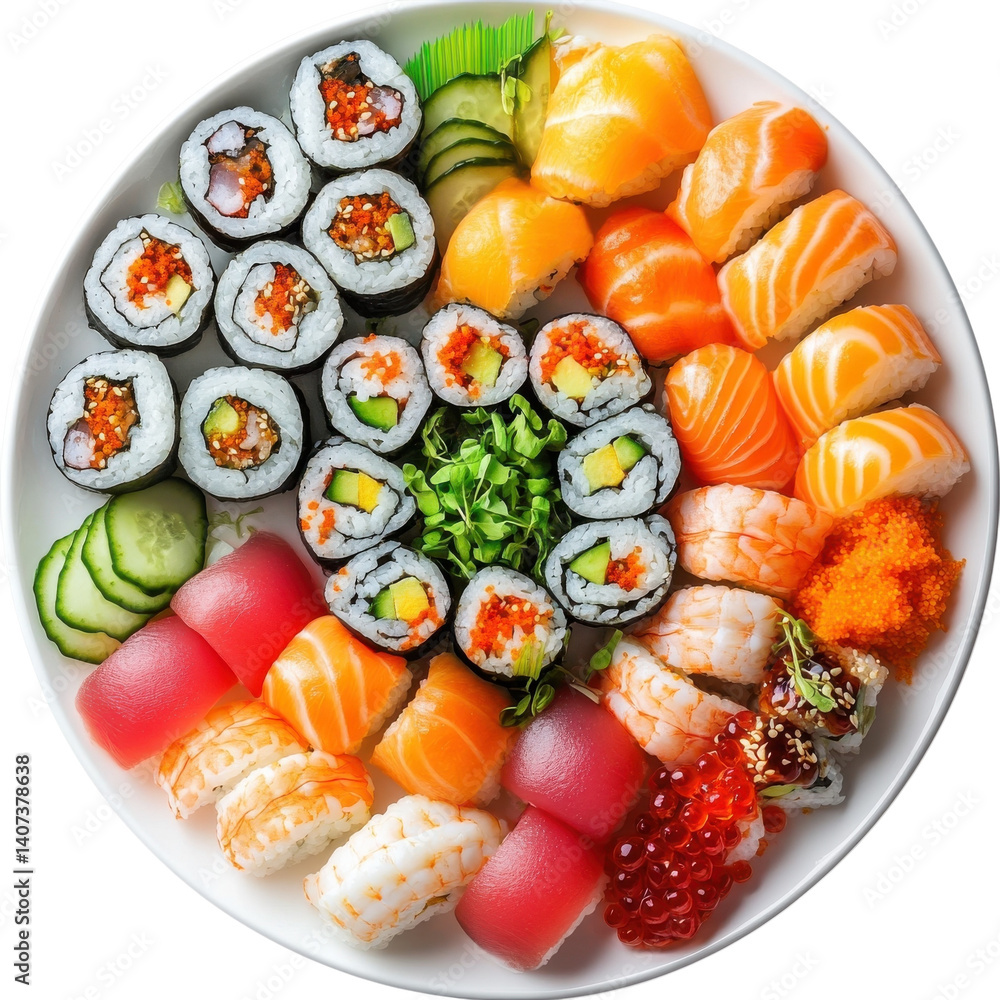 A beautiful sushi platter showcasing an array of colorful rolls perfect for culinary presentations and gatherings isolated on transparent background.