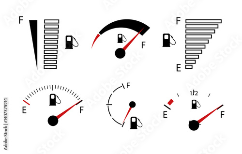 Vehicle fuel. Simple digital indicator of vehicle fuel. Full and empty icons of gas and fuel meters, fuel pump. Vector