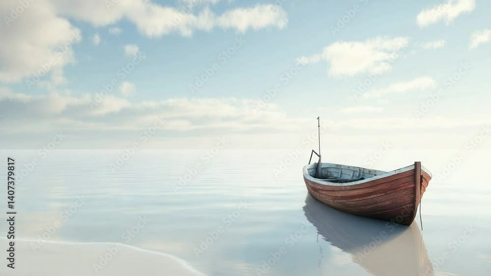 Resting Boat in Calm Water With Cloudy Sky Scenic Landscape Resting Boat in Calm Water With Cloudy Sky Scenic Landscape