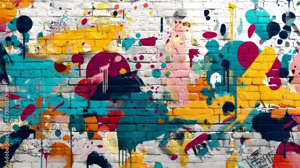 Naklejka premium an artistic brick wall covered in paint splashes.