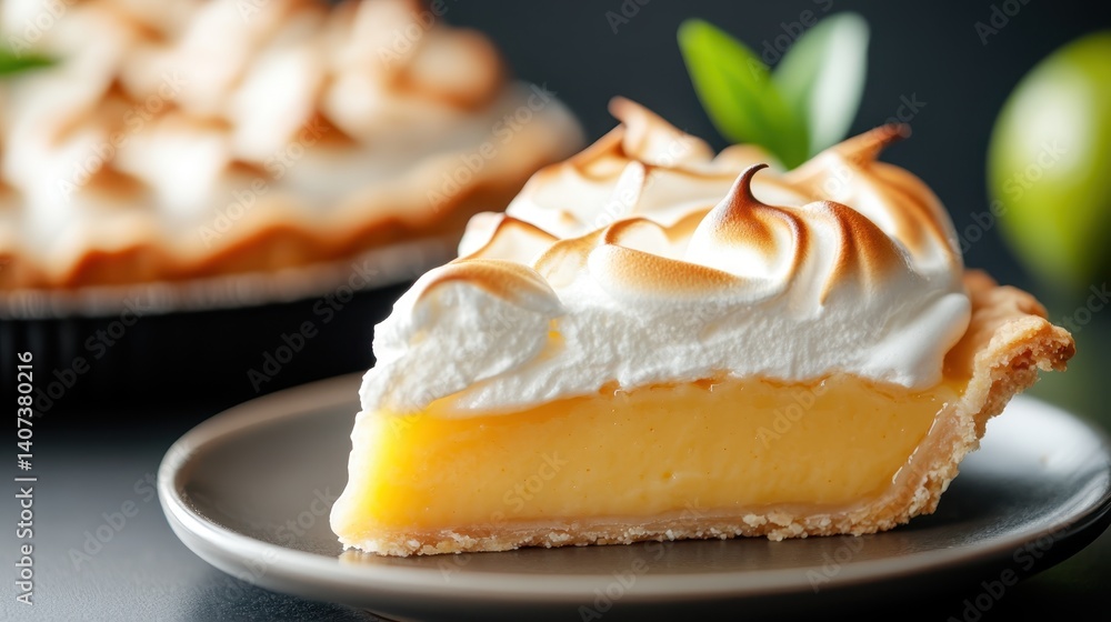 An artistic representation of a lemon meringue pie slice with fluffy topping, highlighting its creamy filling against a black backdrop, enhancing its visual appeal. An artistic representation of a lemon meringue pie slice with fluffy topping, highlighting its creamy filling against a black backdrop, enhancing its visual appeal.