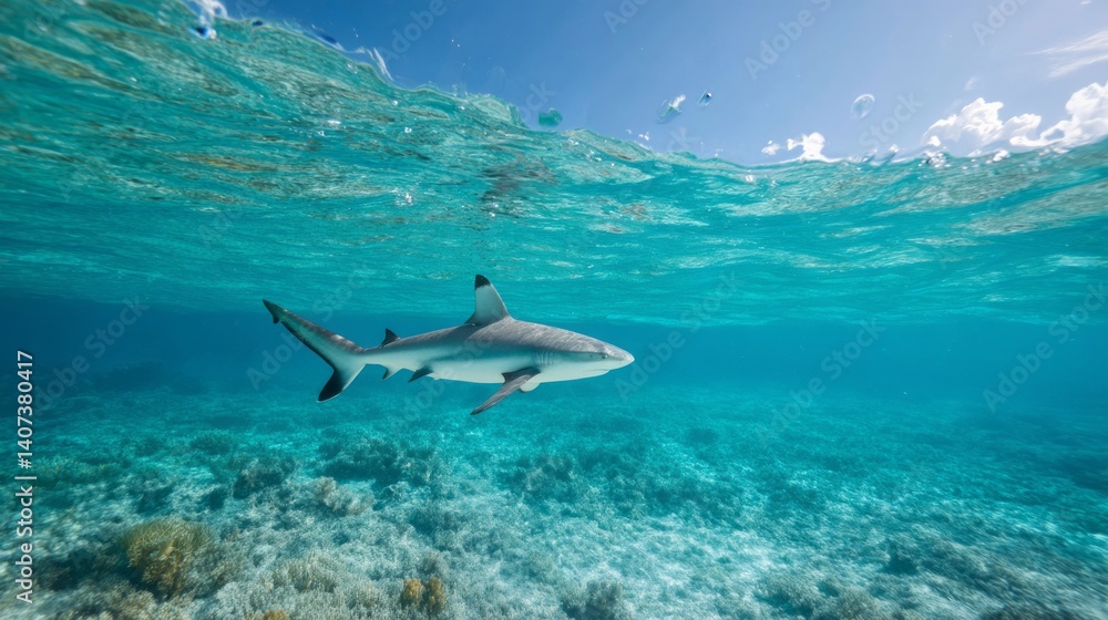 Obraz premium a shark swimming in the clear blue ocean.