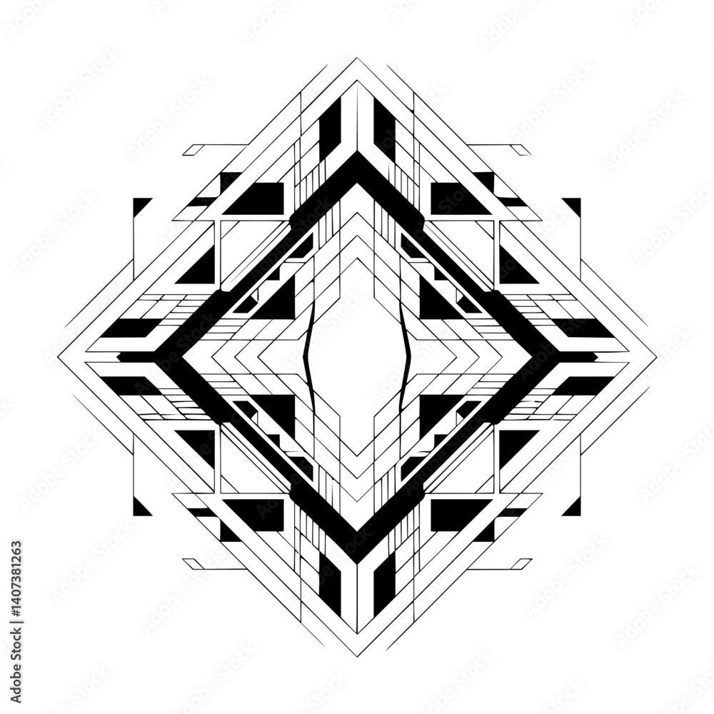 Fototapeta premium Geometric Art Deco Diamond Ornament - Black and White Minimalist Design