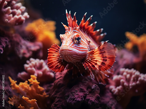 Scorpionfish blending seamlessly coral colors matching exactly prey fish unaware ambush moment near