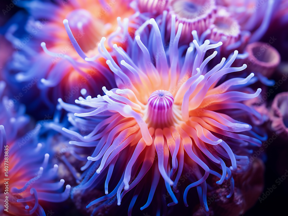 Fototapeta premium Sea anemone tentacles moving gently bright colors displayed preparing to catch drifting prey nearby