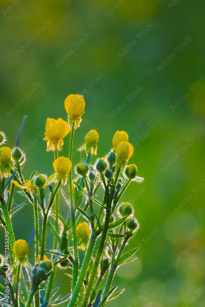wild yellow flowers of a meadow in the morning light