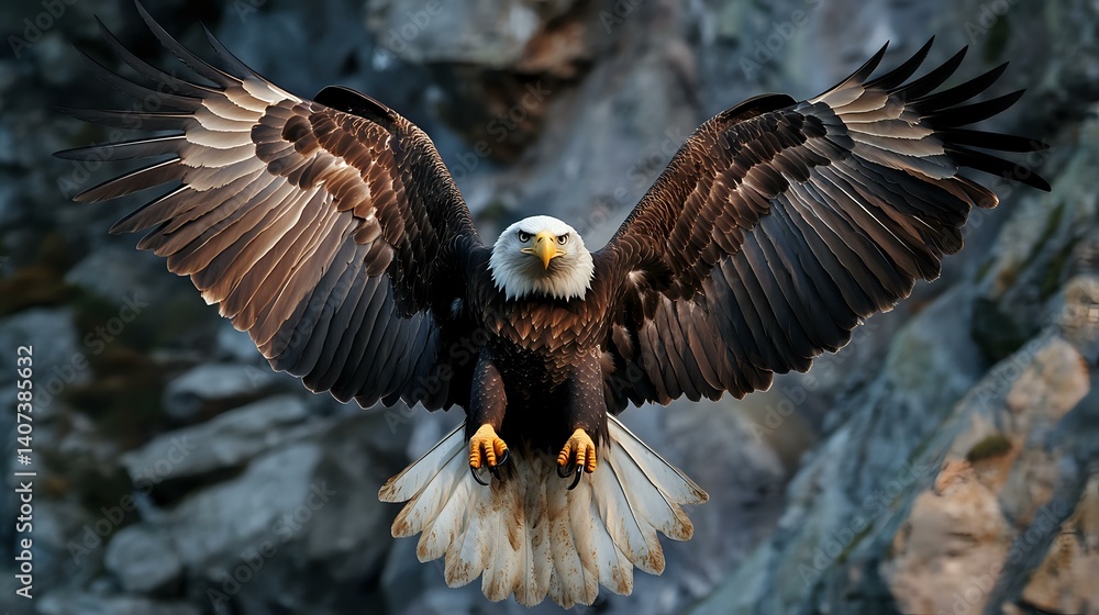 Fototapeta premium A majestic bald eagle soaring over rocky cliffs, razor-sharp talons extended, intense gaze focused below, ultra-sharp details, natural lighting enhancing feathers