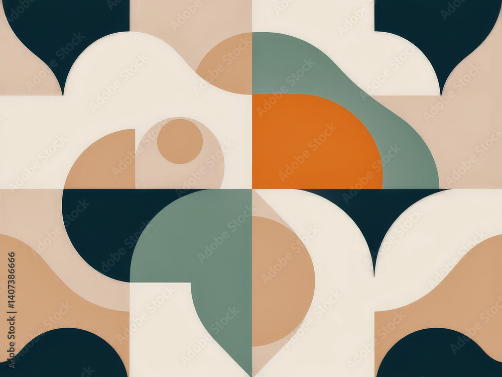 A colorful abstract painting with a green and orange circle in the middle. The painting is made up of squares and circles, and the colors are bright and bold