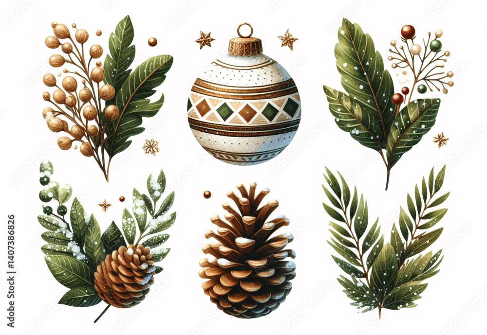 Fototapeta premium Hand-painted watercolor Christmas stickers featuring rustic wooden elements, pine cones, and lush green leaves, designed for eco-conscious holiday decorations and greeting cards