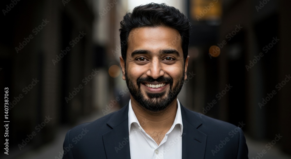Man smiles wearing a suit jacket in an urban outdoor setting. Man smiles wearing a suit jacket in an urban outdoor setting.