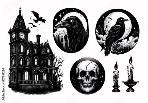 gothic Halloween watercolor stickers with a haunted Victorian house, a sinister raven, a candle-lit skull, and a crescent moon surrounded by misty clouds, perfect for spooky decor and gothic designs.